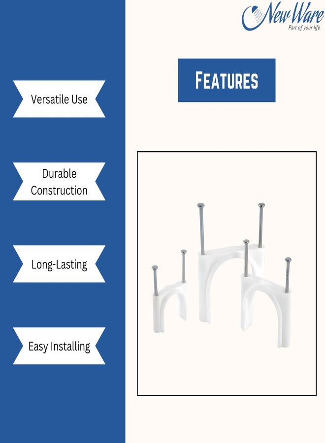 NEW WARE مشابك تثبيت الأسلاك من نيو وير (15 مم) مع مسامير من الفولاذ المقاوم للصدأ لإدارة الكابلات، ومنظم الأسلاك، ومشابك أسلاك دائرية لتعليق الكابلات على الحائط (50) - Image 4